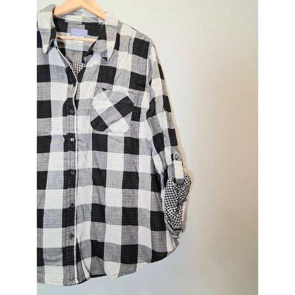 womens 1X Laura Scott blouse black white plaid gauzy cotton roll tab collared - Picture 3 of 9